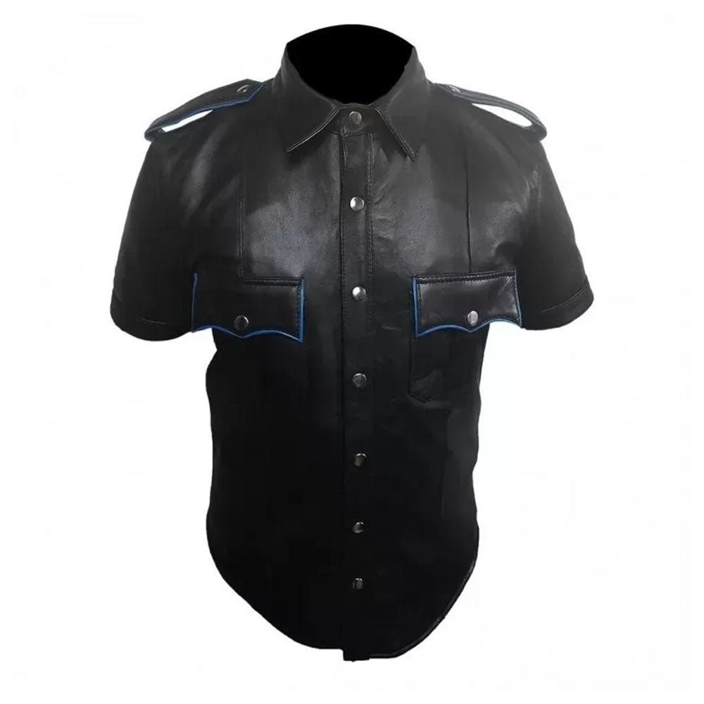 Mens Very Hot Genuine Black & Blue Leather Shirt