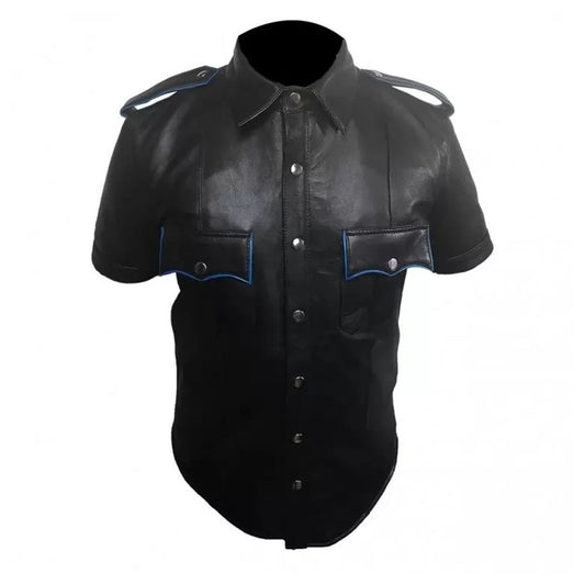 Mens Very Hot Genuine Black & Blue Leather Shirt