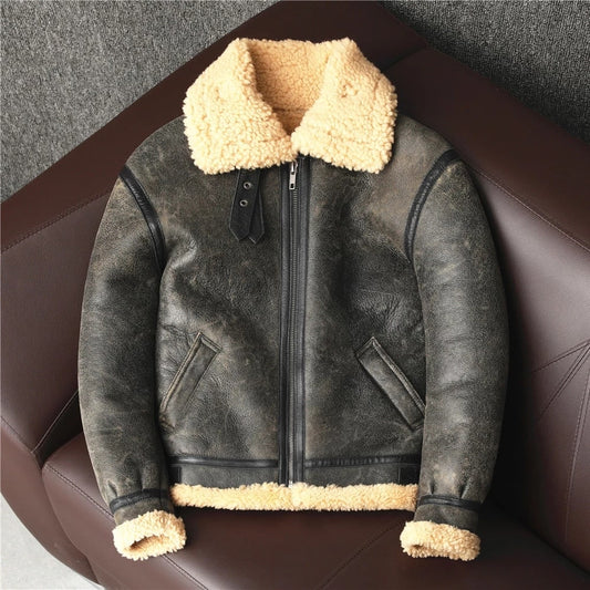 Men's Sheepskin Genuine Leather Jacket Winter Warm Shearling Wool Fur Coat