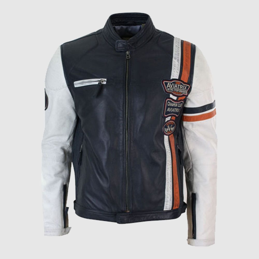 Navy Blue White Real Leather Biker Jacket