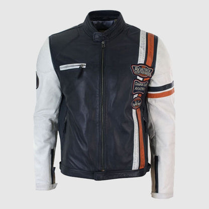 Navy Blue White Real Leather Biker Jacket