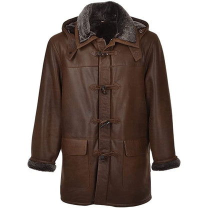 Mens Genuine Sheepskin Leather Detachable Shearling Hood Trench Coat Jacket