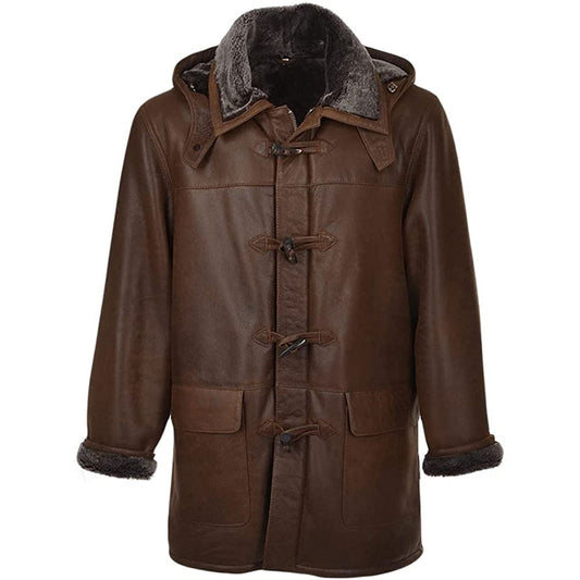Mens Genuine Sheepskin Leather Detachable Shearling Hood Trench Coat Jacket