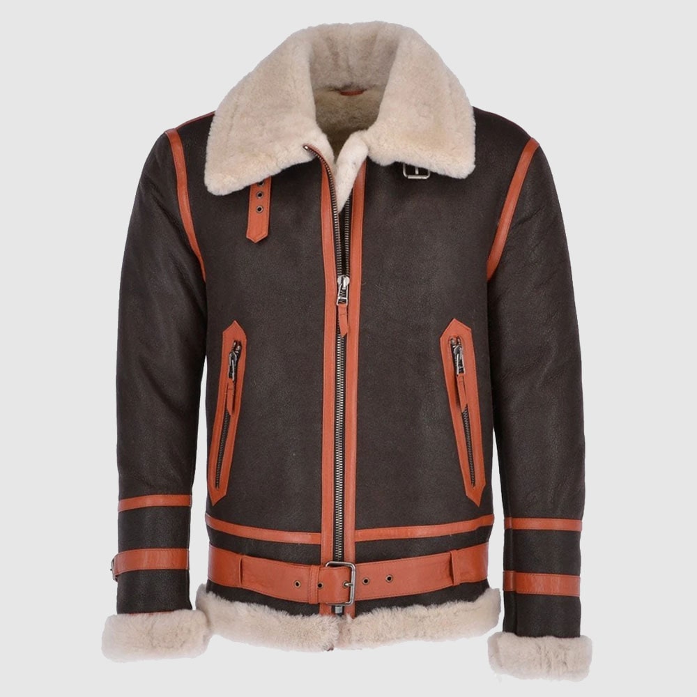 Men Sheepskin Flying Jacket Brown Brown Orange