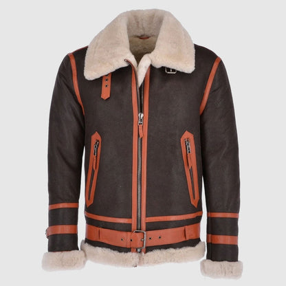 Men Sheepskin Flying Jacket Brown Brown Orange