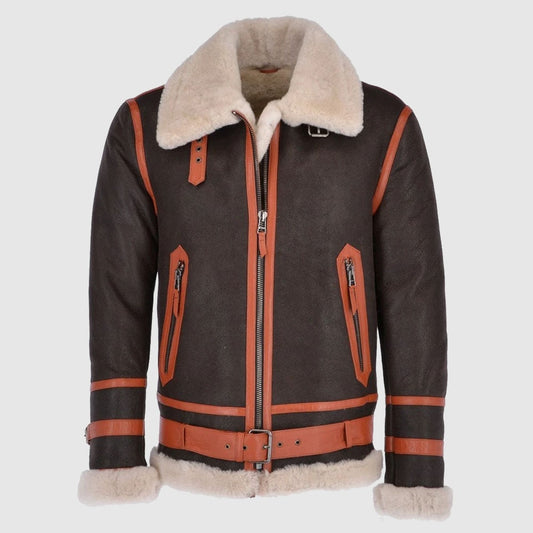 Men Sheepskin Flying Jacket Brown Brown Orange