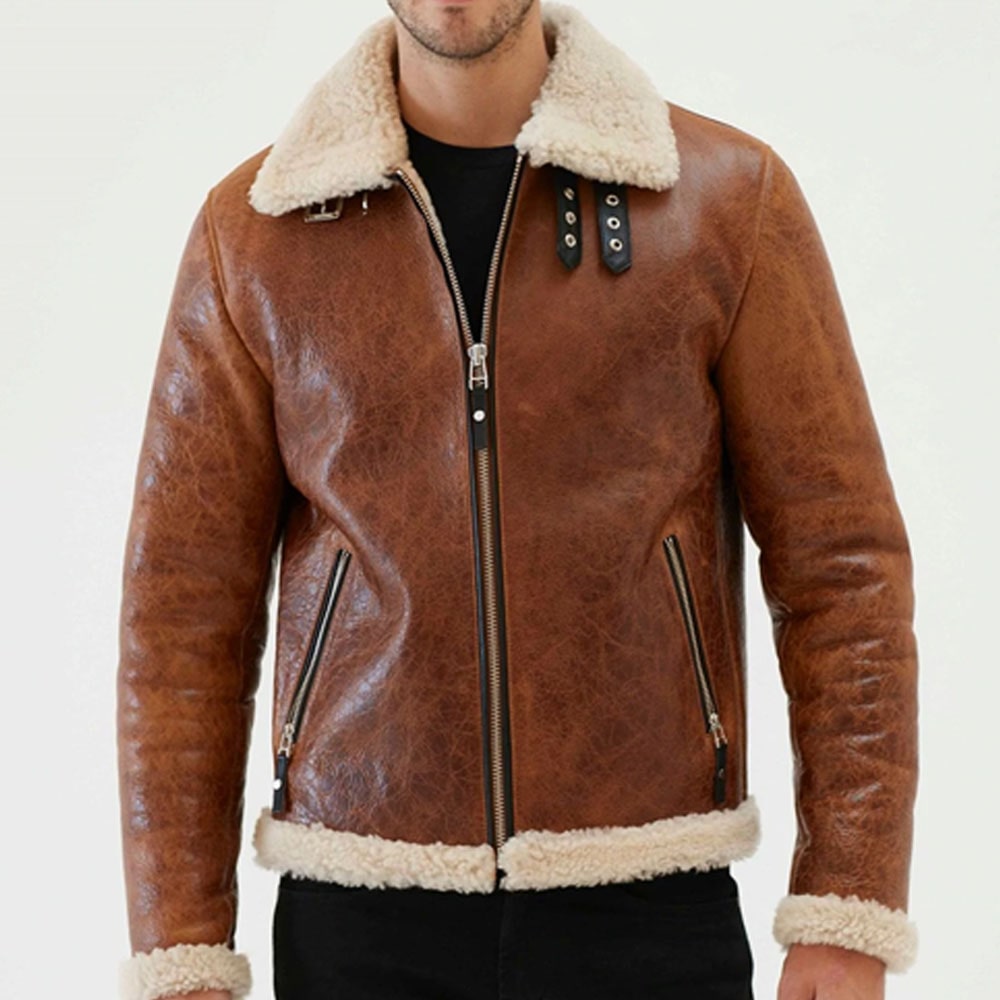 Men Aviator Tan&Off White Shearling Jacket