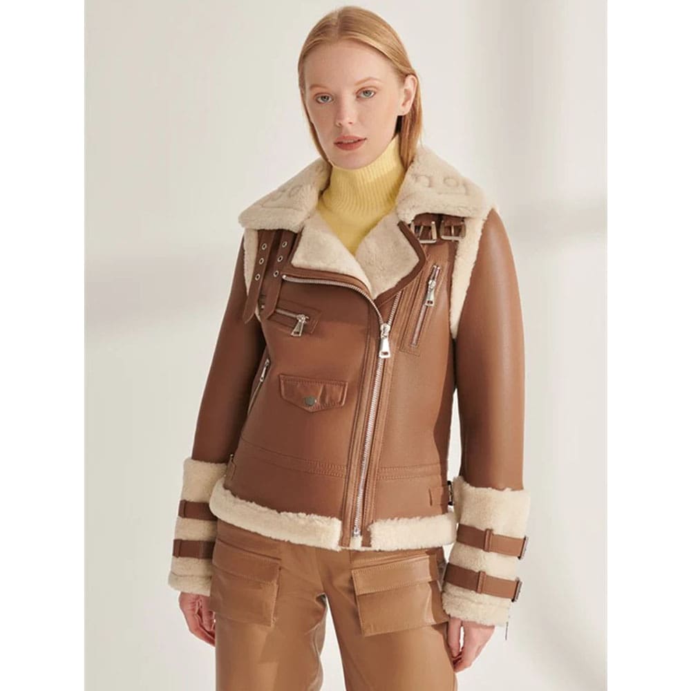 Women's Sports Brown Shearling Leather Jacket