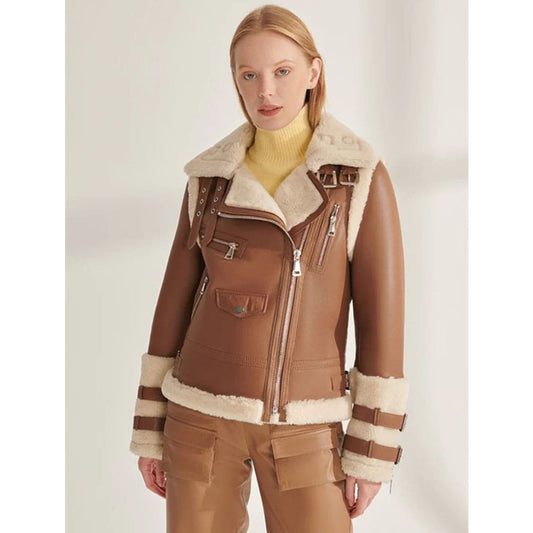 Women's Sports Brown Shearling Leather Jacket
