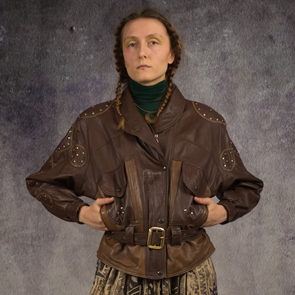 Vintage 80s studded Brown real Leather biker womens Jacket