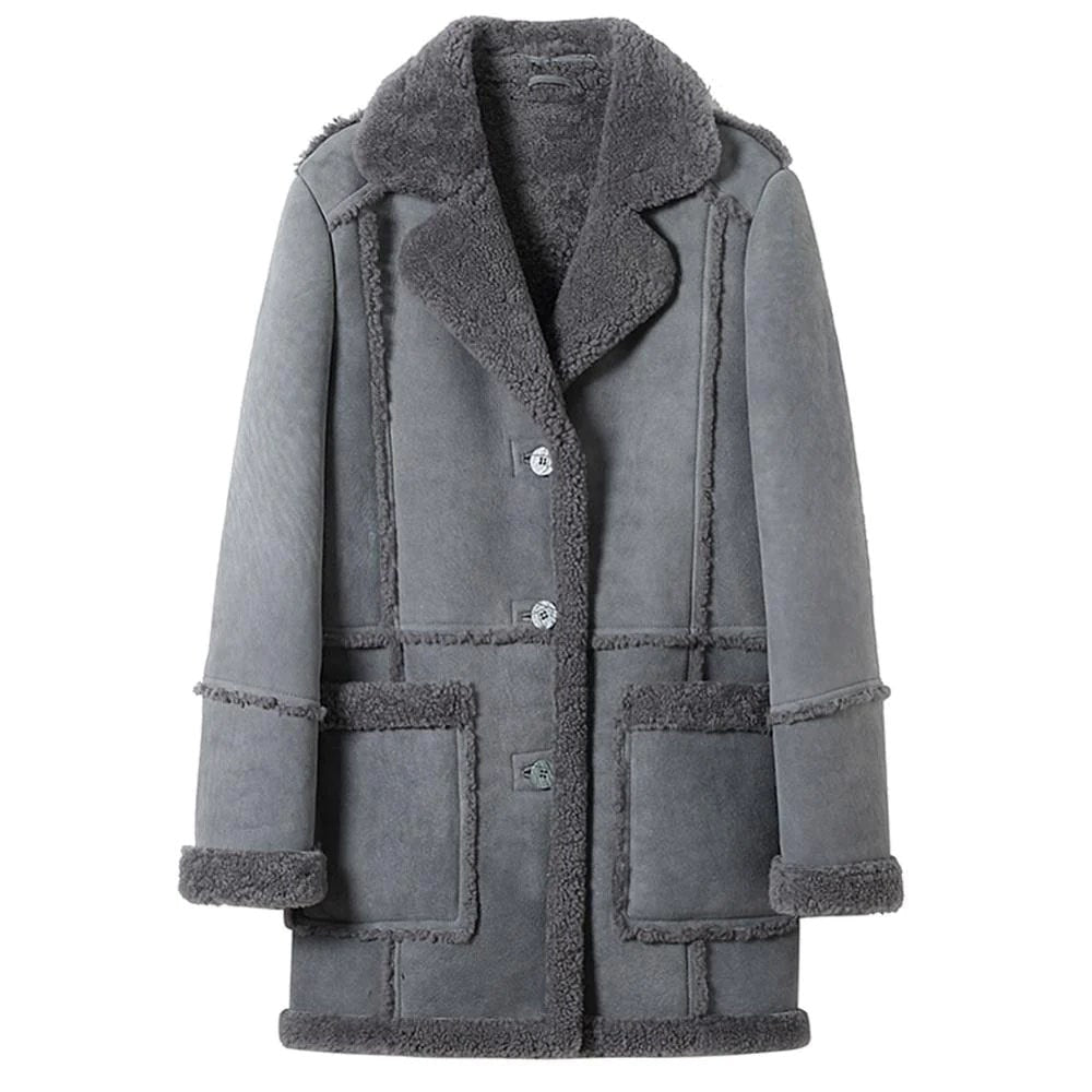 Women Gray Suede Leather Warm Sheepskin Shearling Jacket Coat