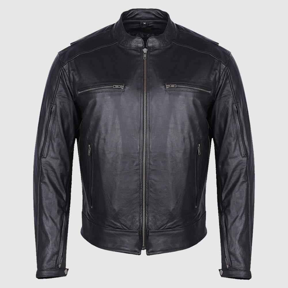 Mens Black Leather Biker Scooter Jacket