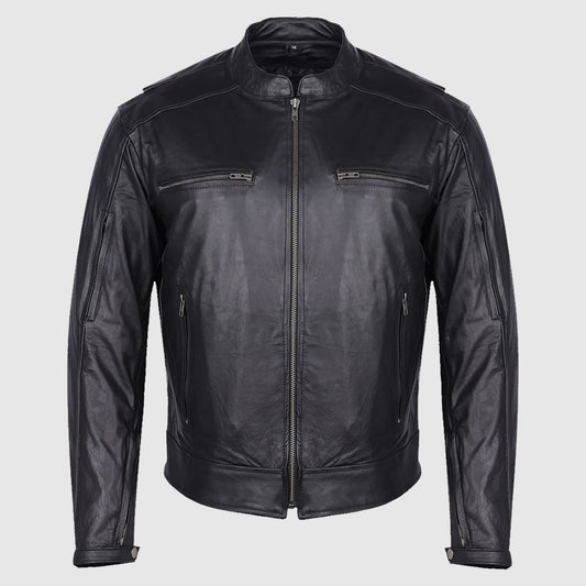 Mens Black Leather Biker Scooter Jacket