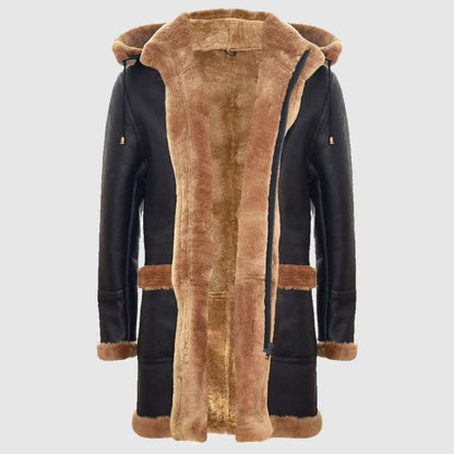 Mens genuine shearling sheepskin duffle coat