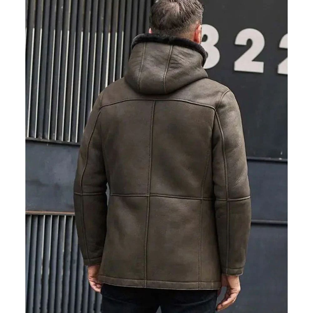 Mens Fur Coat Green Leather Overcoat Hooded Wool Parkas Warmest Winter Outwear