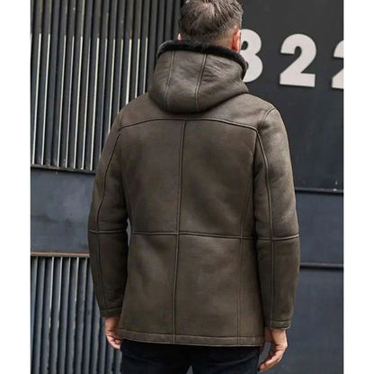 Mens Fur Coat Green Leather Overcoat Hooded Wool Parkas Warmest Winter Outwear