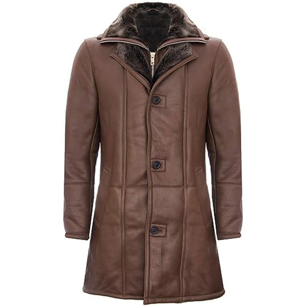 Men's Warm Brown Leather Shearling Trench Pilot Jacket Coat