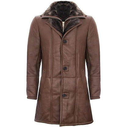 Men's Warm Brown Leather Shearling Trench Pilot Jacket Coat