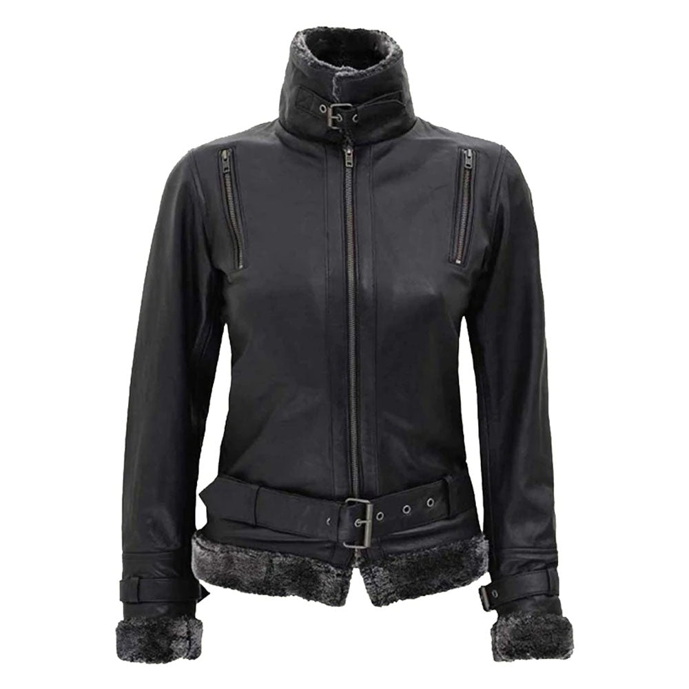Women's Black Leather Shearling Jacket With Belted Closure