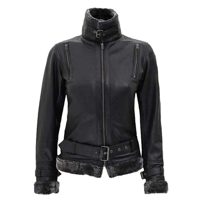 Women's Black Leather Shearling Jacket With Belted Closure