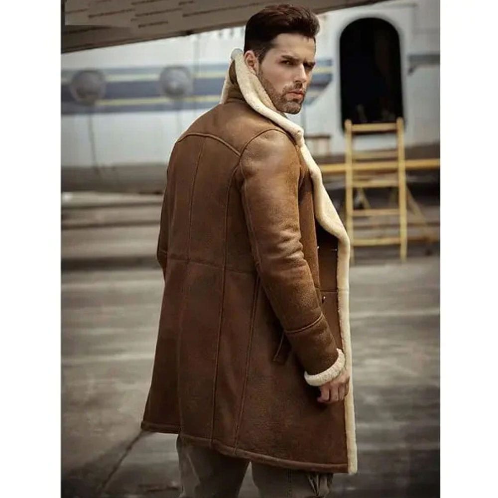 Mens Flight Sheepskin Shearling Aviator Leather Trench Coat