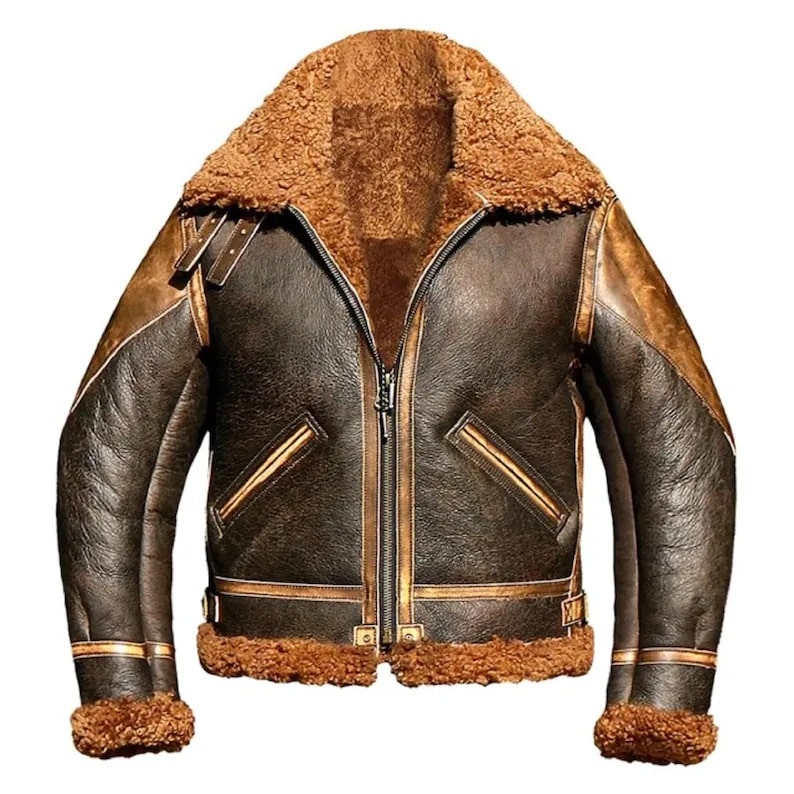 Men B3 Bomber RAF Aviator Shearling Fur Brown Real Leather Jacket