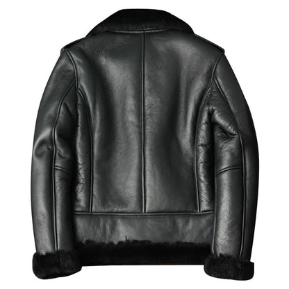 Men's Oblique Zipper Shearling Fur Leather Motorcycle Jacket