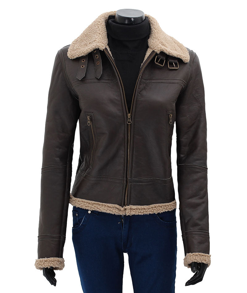 Frances Womens Dark Brown Leather Bomber Jacket with Shearling