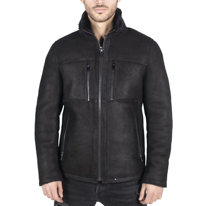 Mens Real Sheepskin Jacket Short Zipped Casual Retro Vintage Black Zipped