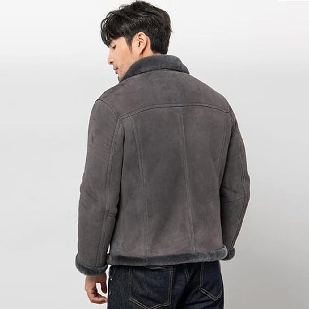 Men Grey Shearling Jacket Suede Shearling Jacket