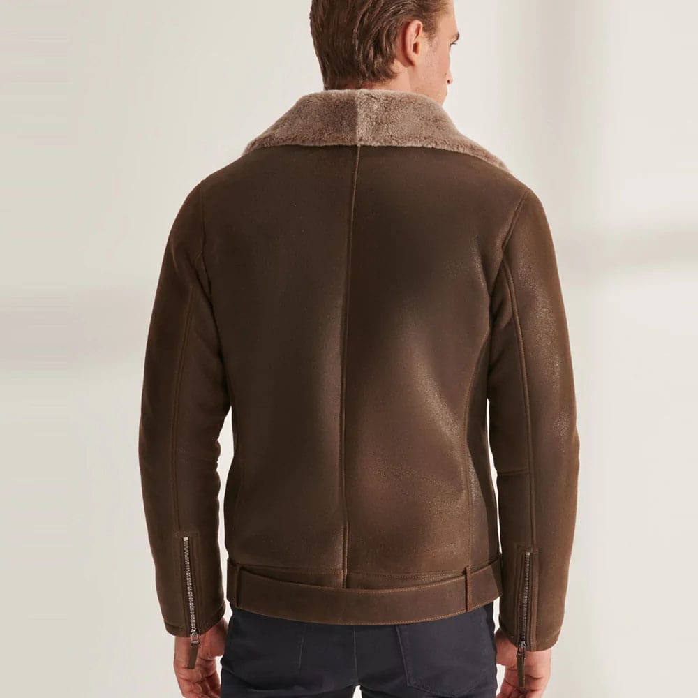 Mens Brown Biker Shearling Sheepskin Leather Aviator Jacket