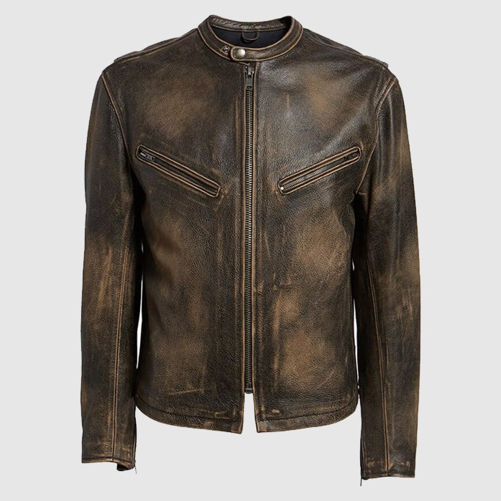 Mens Cafe Racer Distressed Vintage Brown Real Genuine Biker Leather Jacket