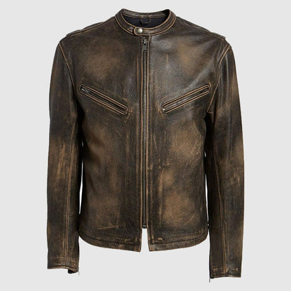 Mens Cafe Racer Distressed Vintage Brown Real Genuine Biker Leather Jacket
