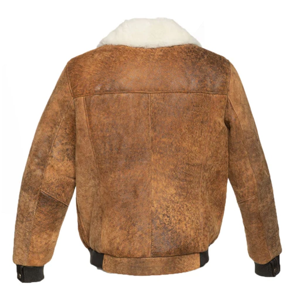 Lucian's distressed brown A2 Bomber shearling jacket