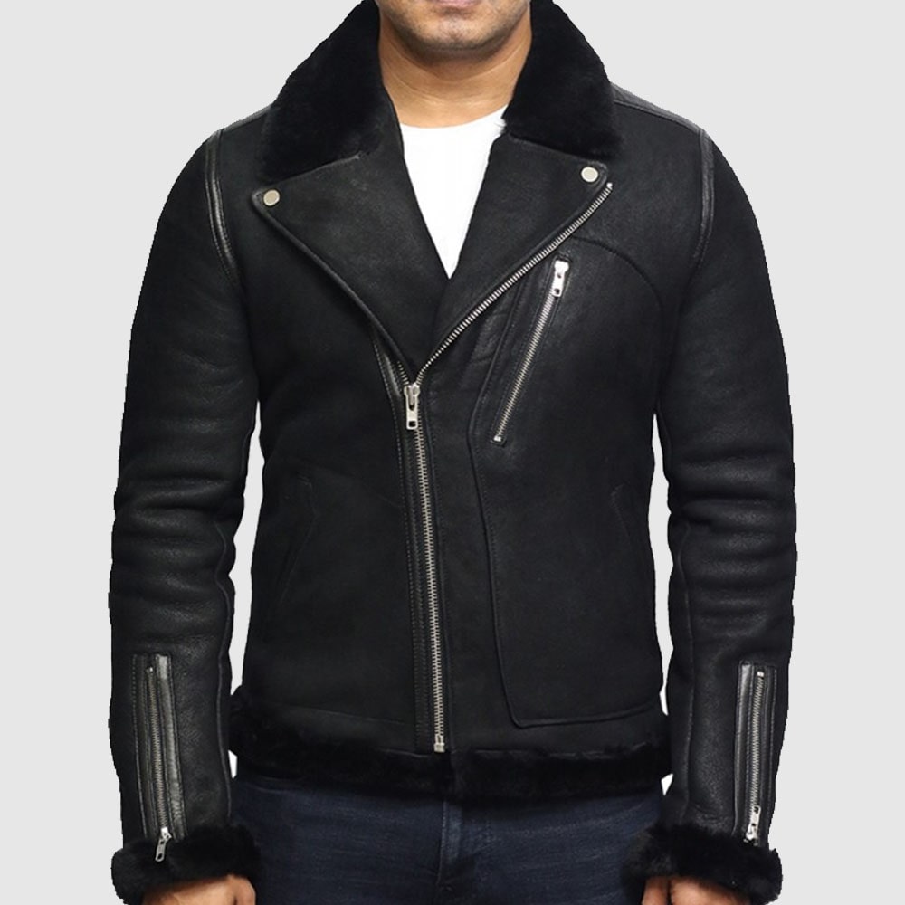 Men's Genuine Shearling Sheepskin Leather Jacket Brando Style