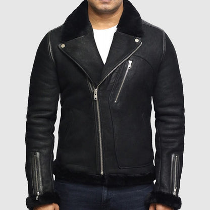 Men's Genuine Shearling Sheepskin Leather Jacket Brando Style