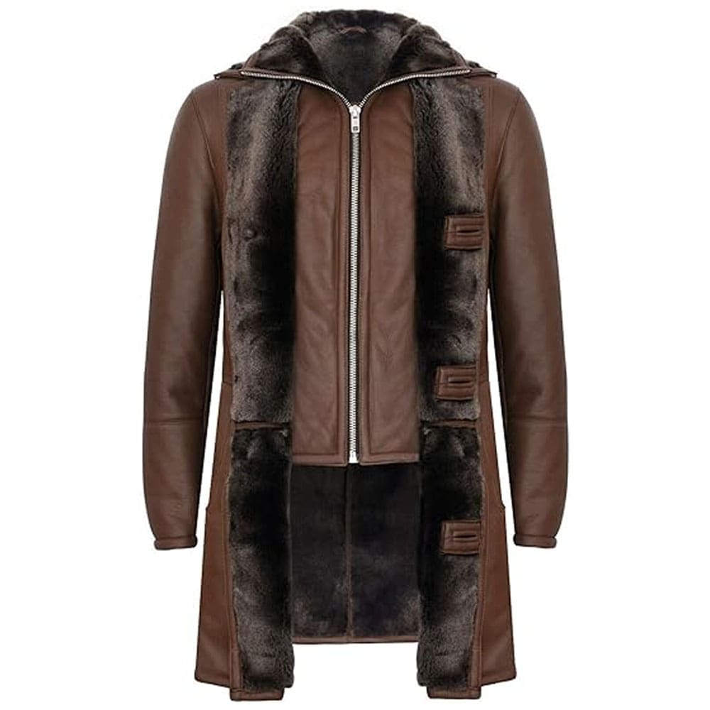 Men's Warm Brown Leather Shearling Trench Pilot Jacket Coat
