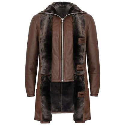 Men's Warm Brown Leather Shearling Trench Pilot Jacket Coat