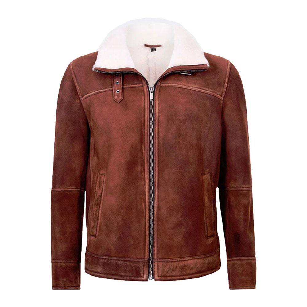 Mens Brown Cream Flying Leather Jacket With Fur