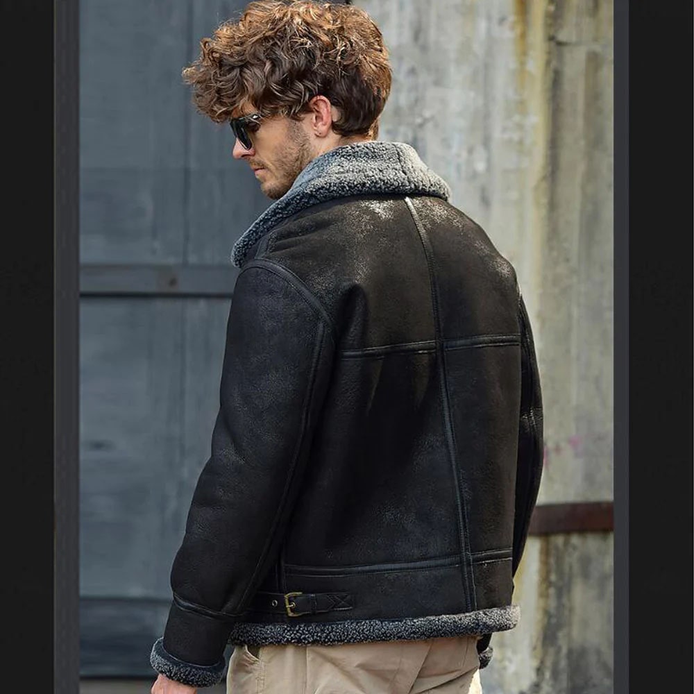 Men's Shearling Flight Jacket Black Sheepskin Coat For Men