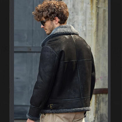 Men's Shearling Flight Jacket Black Sheepskin Coat For Men