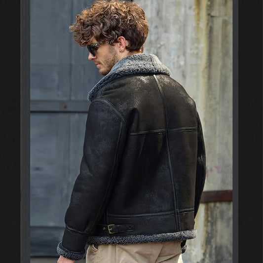 Men's Shearling Flight Jacket Black Sheepskin Coat For Men
