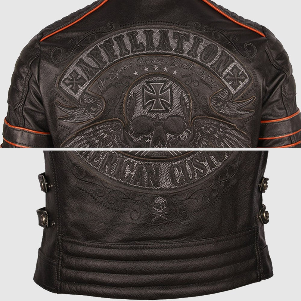 Vintage Retro Affiliation Skull Embroidered Leather Motorcycle Jacket