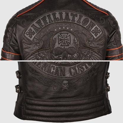 Vintage Retro Affiliation Skull Embroidered Leather Motorcycle Jacket