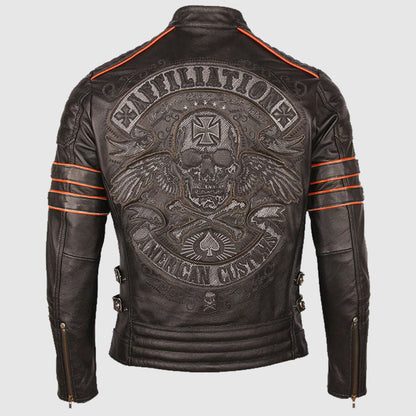 Vintage Retro Affiliation Skull Embroidered Leather Motorcycle Jacket