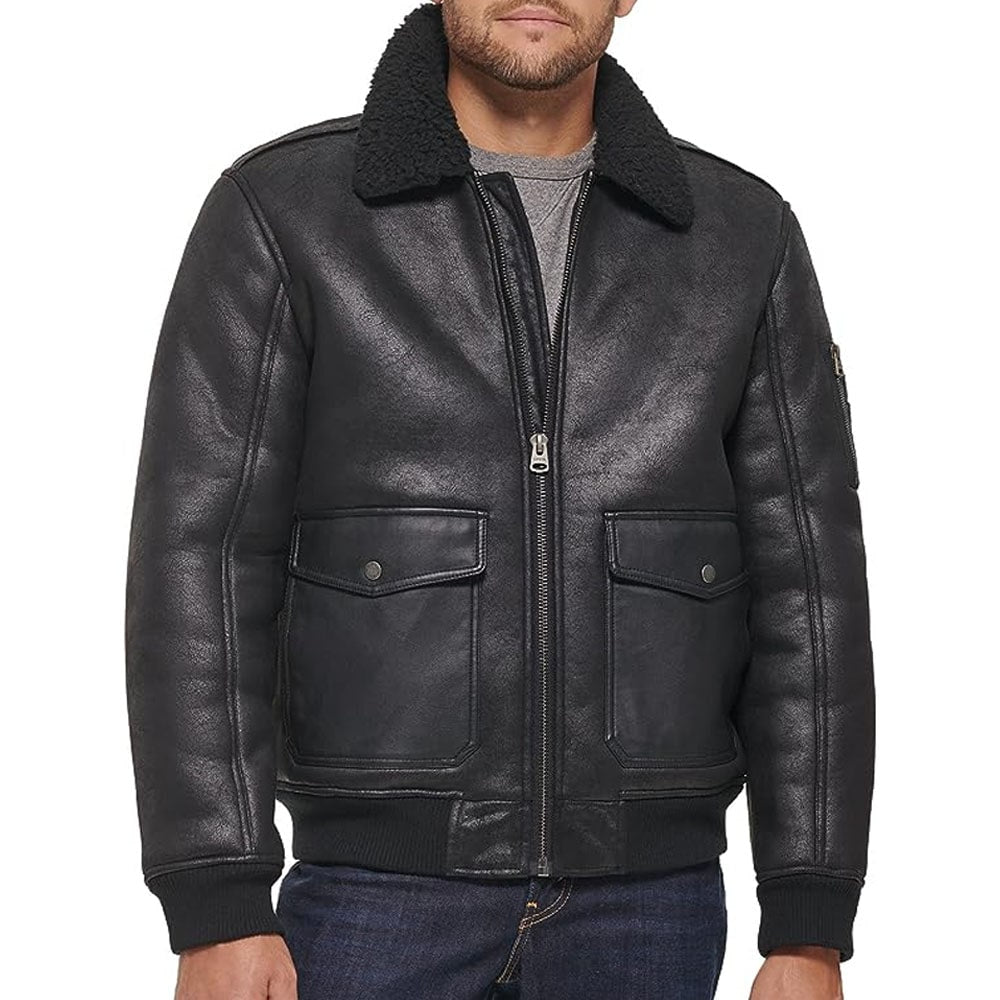 Men's Leather Sherpa Aviator Bomber Jacket