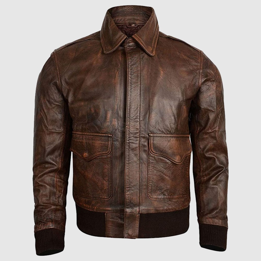 Men's Flight Bomber Air Force A2 Brown Sheepskin Distressed Leather Jacket