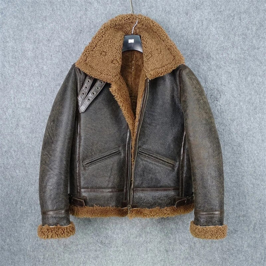 Dark Brown Genuine Shearling Coat Men Military Style