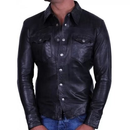 Mens Classy Look Real Sheepskin Black Leather Shirt
