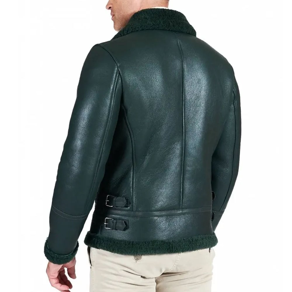 Green shearling lamb biker jacket shirt buckle collar